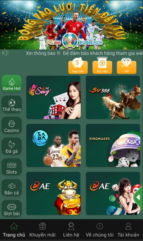 Giao diện ứng dụng ae888 app